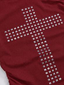 ROMWE Grunge Punk Plus Size Y2K Punk Cross Rivet Asymmetric Shoulder Fitted Solid Color Versatile T-Shirt - Burgundy - View 2