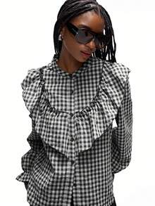 Aveloria GENKIRA Blusa feminina casual de manga comprida, modelagem solta e estilo retrô com gola babada, ideal para o dia a dia. - Preto e Branco - Ver 5