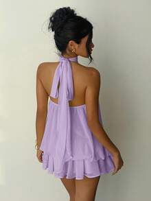 Aloruh Women's Casual Elegant Lavender Halter Neck Sleeveless A-Line Mini Dress With Button Detail Flowy Short Beach Party Outfit Summer - Lilac Purple - View 3