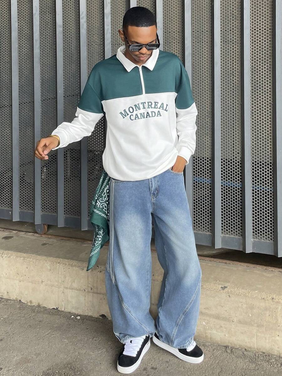 Ngobest Haus Ngobest Haus 男士套头四分之一拉链卫衣，字母印花拼接设计，时尚长袖宽松轻薄卫衣，春秋季款