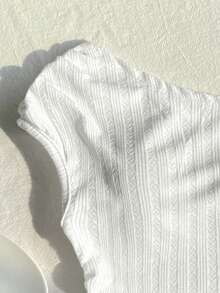 SHEIN 少女休闲修身不对称肩部褶皱爱心提花针织吊带背心，白色 - 白色 - 查看 5