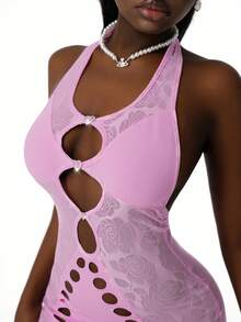 Amplova Đầm nữ ren phối nhiều mảnh, cổ yếm hở lưng, gợi cảm và phá cách theo phong cách Y2K, phù hợp để mặc hàng ngày. - Màu Hồng baby - Xem 9