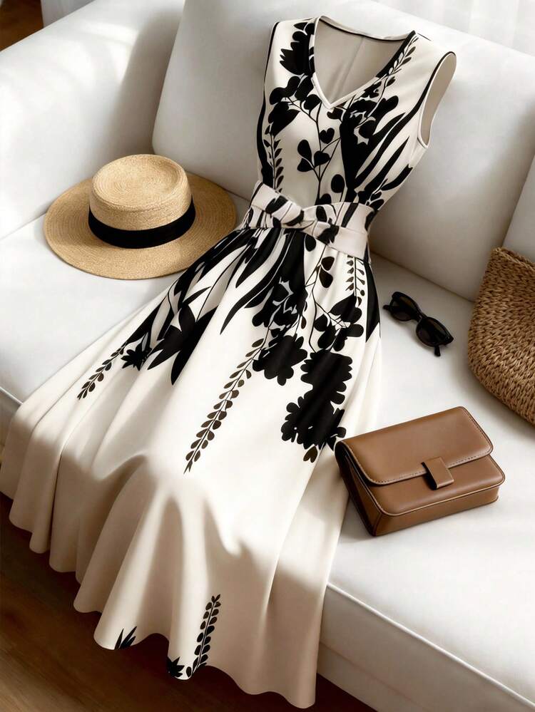 Franclia Vestido casual de mujer sin mangas con estampado de posicionamiento simple, vestido acampanado con cintura ceñida, adecuado para verano casual, vacaciones, primavera/verano, oficina, diario, fiesta, playa, graduación, uso versátil y elegante, vestido con cuello en V y detalle de torsión en la cintura - Multicolor - Añade 5