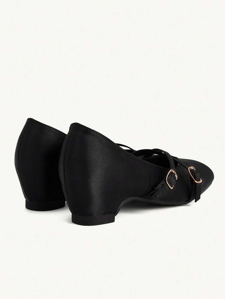 CUCCOO CHICEST Women's Square Toe Satin Black Criss-Cross Strap Metal Buckle Fashionable Minimalist Versatile Daily Commute High Heel Pumps Wedding Shoes Spring Shoes Bride Shoes