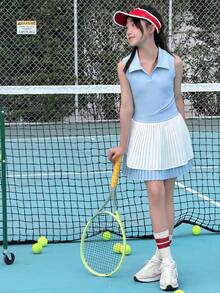 DAZY Bộ đồ thể thao mùa hè cho bé gái, gồm áo không tay có cổ và chân váy xếp ly. - Màu xanh lam - Xem 2