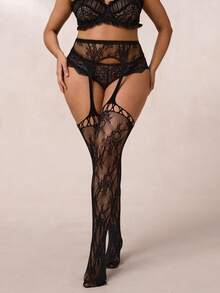 SHEIN BAE 1 件大码女式性感镂空提花连裤袜 - 黑色 - 查看 3