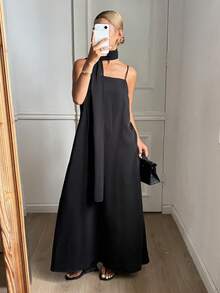 DAZY Vestido suelto de línea A con tirantes de unicolor y cinturón, vestido casual elegante para primavera y verano - Negro - Ver 6