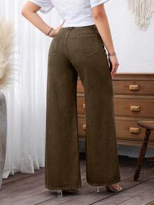 EMERY ROSE Plus Size Women Casual Solid Color Slant Pocket Wide Leg Jeans - Brown - View 2