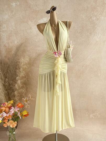 Soleia Summer Outfit For Women Summer Dress Party Outfit Beach Dress Yellow Dress For Women Ruffle Dress  Women's Summer Sexy Beach Vacation Style Solid Color Backless Tie-Knot Ruched Waist Dress