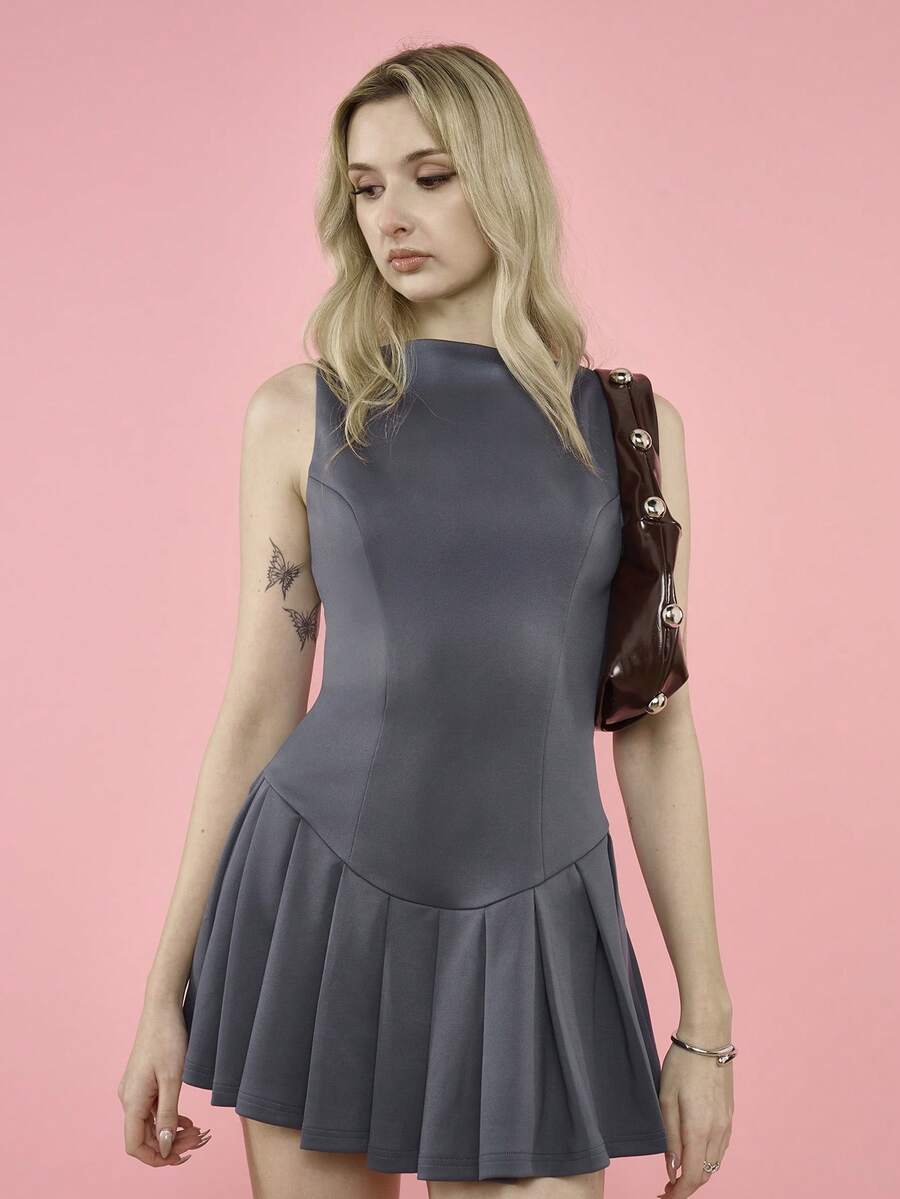 OverBlushhh Women's Grey Stretch Sleevless Low Waist Pleated Mini Dress Casual, Work, Weekend, Party, Spring - Grey - View 1