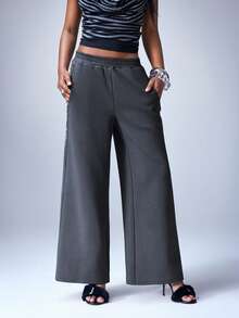 Y2Kool Y2K Chic Loose Fit Women's Sweatpants With Metallic Sheen Shell Button Decor, Suitable For Casual, Party, Holiday, Daily Wear, Spring/Summer - Grey - View 4