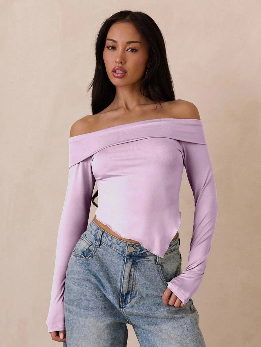 SHEIN Unity 女士纯色露肩长袖不对称下摆时尚上衣 - 淡紫色 - 查看 1