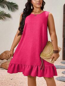 Breezaya 大码女式纯色无袖褶皱夏季连衣裙 - 玫紅色 - 查看 3