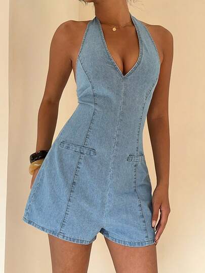 Aloruh Women's Solid Color Halter Backless Casual Sleeveless Denim Jumpsuit Shorts,Summer,Summer Outfits,Spring,Spring Outfit Women,Carnival,Carnival Costume,Party ,Beach ,Going Out,For Date, Party, Cocktail, Formal Events, Vacation, Office, Work, Commute, Wedding Guest, And Western Festival