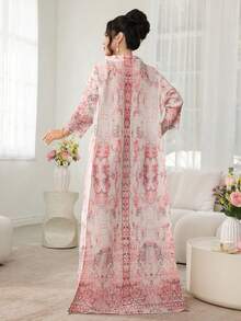 Modelyn Pink Long Sleeve Printed Pleated Maxi Abaya Dress For Women - Pink - View 7