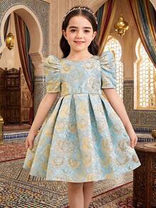 SHEIN Đầm hè tay ngắn thanh lịch in hoa dễ thương cho bé gái - Màu xanh lam - Xem 4