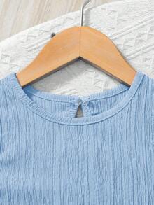 SHEIN Elladie kids Set de 2 piezas con top sin mangas de cuello redondo y unicolor, y shorts sueltos de unicolor tejidos para niña joven - Celeste - Ver 5