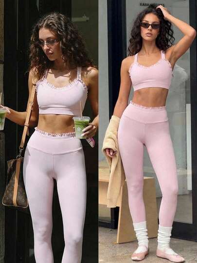 Fluxe Conjunto de top corto con espalda cruzada y volantes y leggings de cintura alta de unicolor minimalista para yoga de mujer, atuendos de verano, atuendos de vacaciones de verano, atuendos de San Valentín para mujer, atuendo casual para mujer, ropa deportiva para mujer, ropa de gimnasio rosa, ropa de yoga rosa