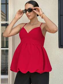 MaterniWear Elegant Solid Color Ruched Waist Maternity Camisole For Summer - Red - View 4