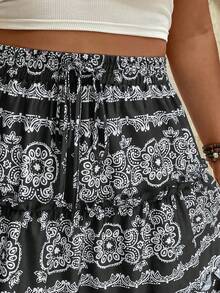 Breezaya 节日荷叶边撞色绳多功能休闲褶皱大码半身裙 - 黑色 - 查看 5