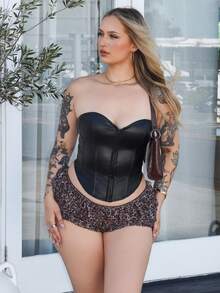 Arliah Top bustier en PU de couleur unie avec fermeture à boutons devant pour femmes - Noir - Voir 4