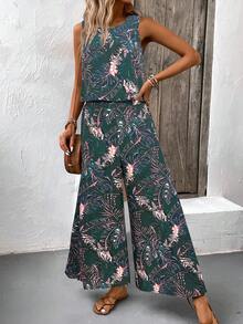 EMERY ROSE Bộ đồ 2 mảnh phong cách Bohemian cổ điển gồm áo crop top cổ tròn và quần ống rộng, trang phục thường ngày cho kỳ nghỉ biển. - Nhiều màu - Xem 3