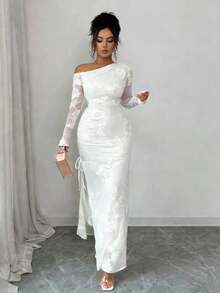 Rafferiza 女士纯色提花网纱不对称开衩连衣裙 - 白色 - 查看 5