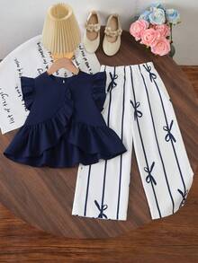 Elladie kids Girls (Small) Cute Ruffle Hem Asymmetrical Design & Bow Print Casual Pants Set - Royal Blue - View 3