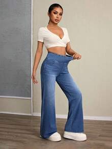 Flexra Petite Women's Stretchy Loose Casual Versatile Knit Denim Pants Custom-Designed For Petites. A Perfect Fit For The 150-160cm Build - Medium Wash - View 4