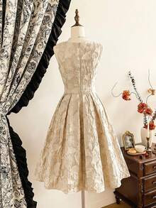 Vintamour Đầm Jacquard hoa văn cổ điển thanh lịch dành cho nữ, đầm dự tiệc lễ hội, đầm dài dự tiệc cho nữ, quần áo mùa thu cho nữ, quần áo mùa đông cho nữ, đầm Giáng sinh mùa đông cho nữ, quần áo mùa thu cho nữ, quần áo Halloween cho nữ, quần áo Giáng sinh cho nữ, đầm dự tiệc Giáng sinh, đầm năm mới, trang phục Lễ Tạ ơn cho nữ, đầm thanh lịch dự tiệc - Màu be - Xem 6