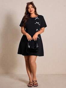 Elaquor 大码女式时尚休闲蝴蝶结短袖连衣裙 - 黑色 - 查看 7