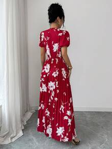 Rafferiza Red Floral,Summer,Elegant,Tea Party V-Neck Puff Sleeve Elastic Waist Ruched Maxi Dress For Women,Fashionable Beach Vacation Casual Long Floral Dress - Red - View 2