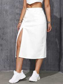 SHEIN ICON Chân váy denim nữ màu trơn, xẻ tà, thiết kế đơn giản - trắng - Xem 2