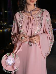 Layrah Đầm chiffon màu hồng sang trọng, đính cườm và đá quý, tay xòe, thích hợp cho mùa xuân/hè. - Hồng - Xem 5