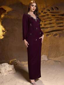 Layrah Wine Red Knitted Beaded Midi Dress With Unique Design Luxury Dress For Women - Burgundy - View 6