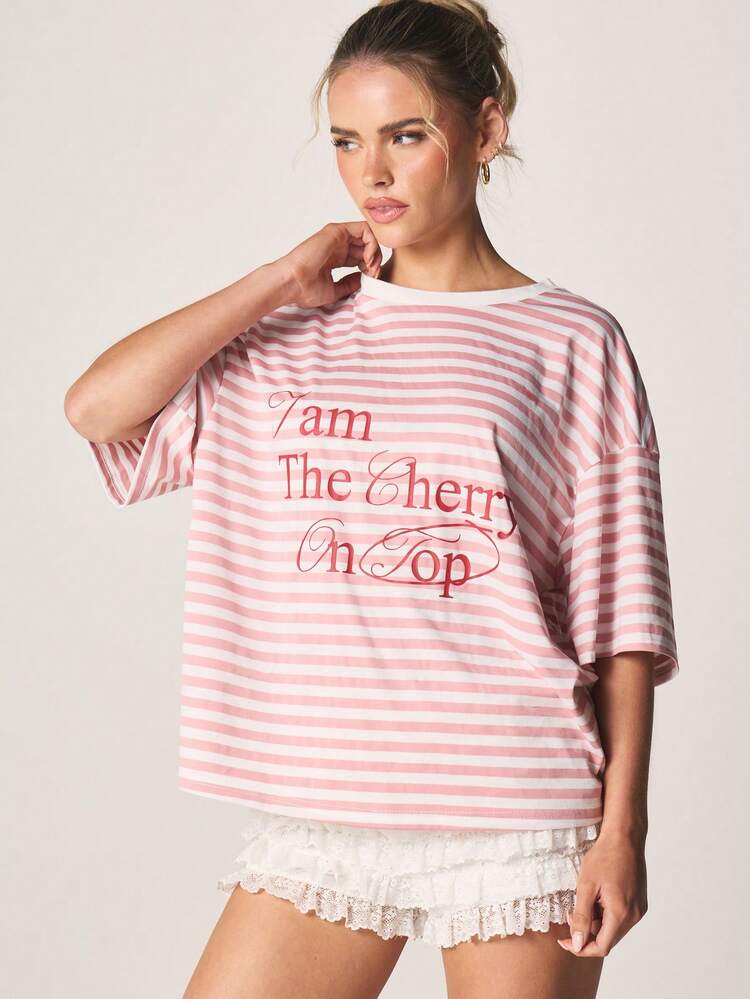 MISSGUIDED Oversized Striped Graphic Print T-Shirt With Text