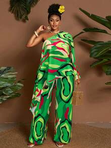 Maweii Mint Green,Autumn,Boho,Vacation,Holiday Plus-Size Women's Two-Piece Set,One Shoulder Asymmetrical Hem Top & Loose Long Pants,Tropical Print Outfit - Multicolor - View 1