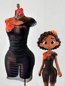 Zestiva Women's Floral Print Ruched Asymmetric-Shoulder Fitted Long Beach Cover Up Dress, Spring/Summer - Black - View 1