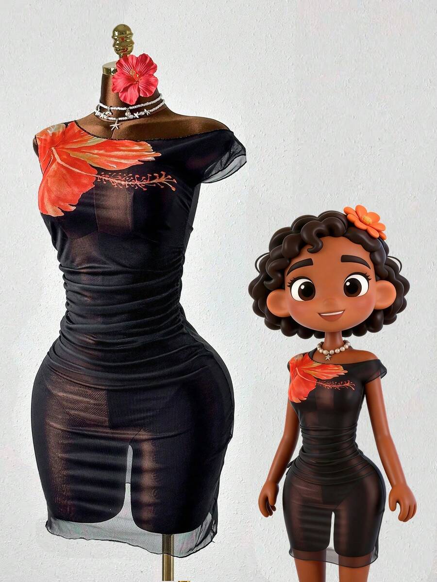 Zestiva Women's Floral Print Ruched Asymmetric-Shoulder Fitted Long Beach Cover Up Dress, Spring/Summer - Black - View 1