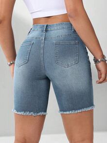 Flexra Women's Casual Versatile Everyday Denim Shorts With Pockets And Button Distressed Design - Light Wash - View 2