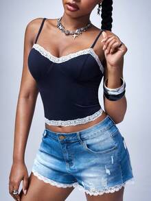 Y2Kool Women's Navy Blue And White Lace-Trimmed Cropped Tank Top Stylish And Versatile, Perfect For Dates And Parties Alike. - Navy Blue - View 5