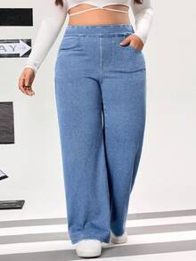 Flexra Plus Size Solid Color High Stretch Casual Straight Leg Versatile Daily Jeans - Blue - View 3
