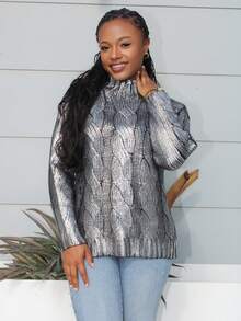 Steph T 女士时尚高领插肩袖银箔毛衣，秋冬 - 銀色 - 查看 4