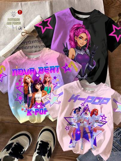 SHEIN Young Girls Casual Minimalist Fashion Street Style Cute Cartoon Girl Band, Adorable Anime K-POP, Numeric 67 Design