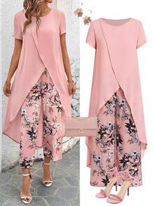 Ellevyn Bộ đồ 2 món dành cho nữ cỡ lớn: Áo dài tay ngắn cổ tròn màu trơn và quần dài in họa tiết. - Màu Hồng Tươi - Xem 2