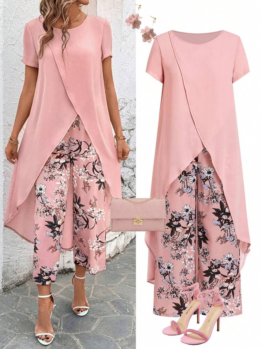 Ellevyn Bộ đồ 2 món dành cho nữ cỡ lớn: Áo dài tay ngắn cổ tròn màu trơn và quần dài in họa tiết.