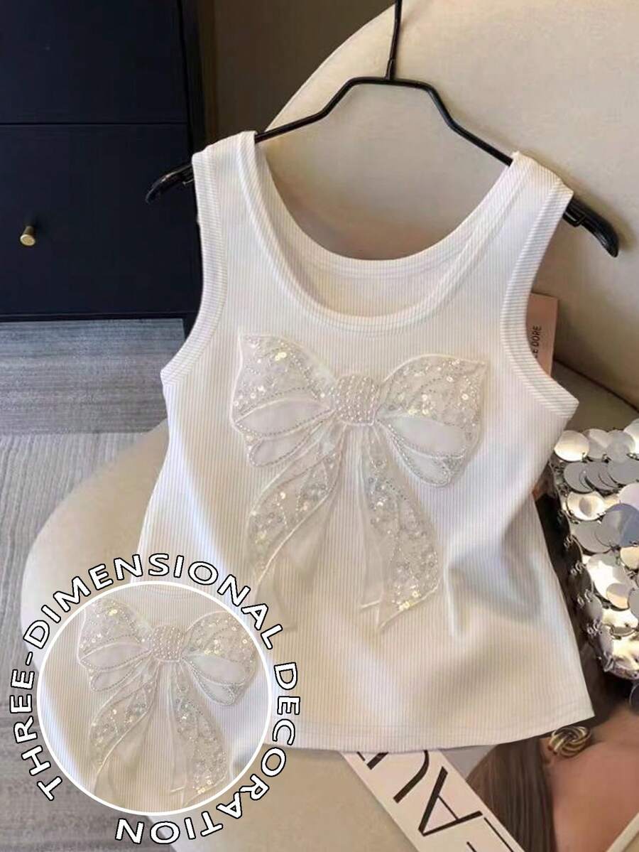 SHEIN Áo ba lỗ cổ tròn thường ngày đính nơ sequin cho nữ - trắng - Xem 1