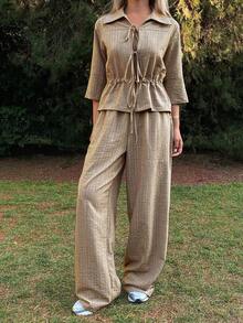 Livesso 2pcs Women Casual Collared Tie-Waist Top And Pants Set - Khaki - View 6