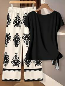 SHEIN Clasi Set de 2 piezas con blusa negra de estilo vacacional con nudo delantero y pantalones rectos holgados de estilo minimalista y geométrico, adecuado para primavera/verano - Multicolor - Ver 3