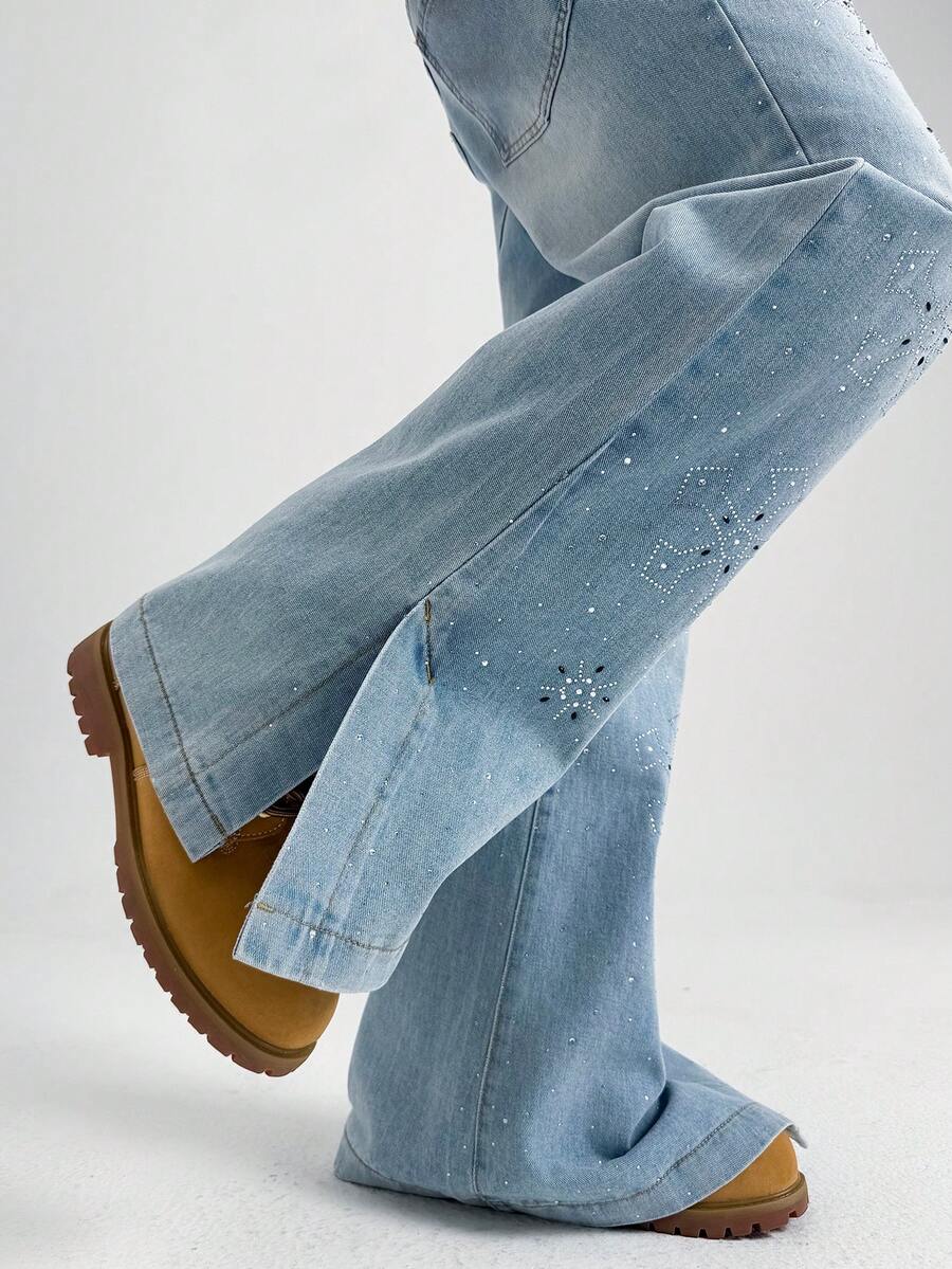 PAVTROS Men's Pocket Button Rhinestone Embellished Casual Versatile Daily Wear Wide Leg Jeans Light Jeans - Light Wash - View 1